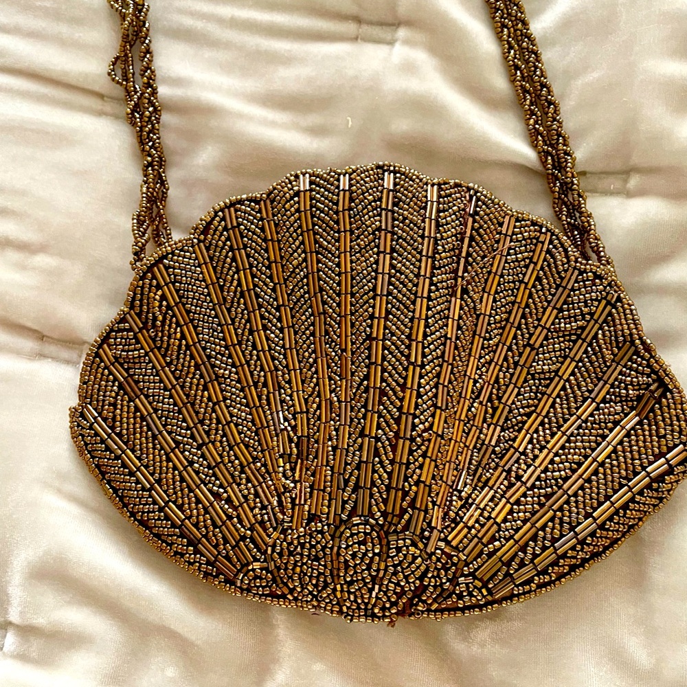 Shell shaped small beaded bag copper gold color